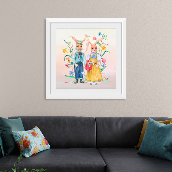 "Lovely Easter bunny couple with flowers"