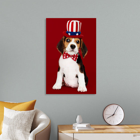 "Cute Beagle Puppy in Uncle Sam Hat and Bow Tie"