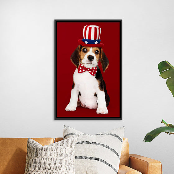 "Cute Beagle Puppy in Uncle Sam Hat and Bow Tie"