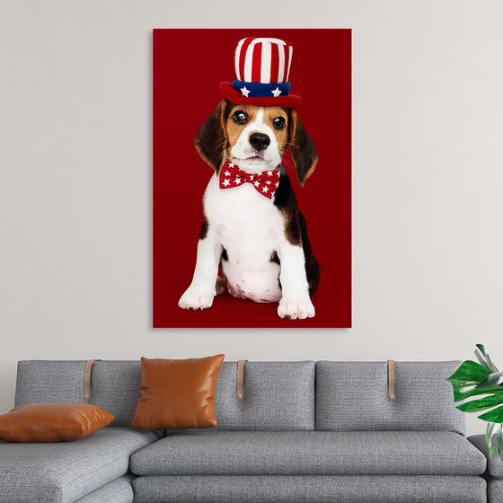 "Cute Beagle Puppy in Uncle Sam Hat and Bow Tie"