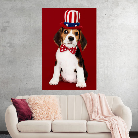 "Cute Beagle Puppy in Uncle Sam Hat and Bow Tie"