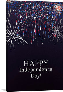  Illuminate your space with the vibrant energy of this exclusive artwork print, capturing the essence of Independence Day. The dark, enigmatic canvas is brought to life by an explosion of fireworks, each strand painted with meticulous detail to radiate a burst of colors - red, blue, and white. The text “HAPPY Independence Day!” elegantly inscribed at the bottom adds a touch of celebration and patriotism. 