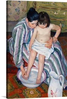  “The Child’s Bath (1893)” by Mary Cassatt is a tender portrayal of maternal care and innocence, now available as a premium print. This exquisite artwork captures an intimate moment of a mother bathing her child. The gentle touch, the serene expressions, and the intricate details of their surroundings are rendered with a soft yet vibrant palette. The composition’s diverse patterns, including various floral designs and the woman’s bold striped dress, are unified by a subdued palette of grays and mauves.