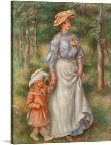  This exquisite print captures a tender moment between two figures, shrouded in the tranquil embrace of nature. The lush greenery, brought to life by intricate brushwork, creates an atmosphere of peace and harmony. The figures, an adult in a blue blouse adorned with a flower and a white skirt, and a child in an orange dress, are both wearing hats, adding a touch of whimsy to the scene. The child’s hand holds something small and green, inviting speculation and intrigue.