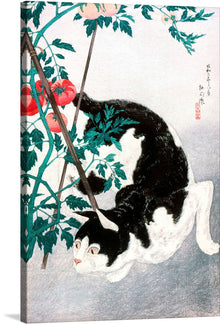  “Cat with Tomato Plant” by Hiroaki Takahashi is a playful and charming print that would make a great addition to any art collection. The print features a black and white cat playing with a tomato plant, creating a sense of whimsy and fun. 