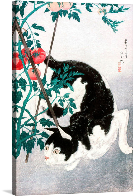 “Cat with Tomato Plant” by Hiroaki Takahashi is a playful and charming print that would make a great addition to any art collection. The print features a black and white cat playing with a tomato plant, creating a sense of whimsy and fun. 