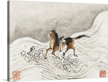  Adorn your space with the serene beauty of this exquisite artwork. It captures the harmonious dance of a majestic horse and its rider amidst tumultuous waves. Every stroke, imbued with ancient artistry, tells a tale of strength and grace, echoing the timeless dance between man and nature. The muted tones blend seamlessly, evoking a sense of calm, while the vibrant depiction of the horse breathes life into this masterpiece.