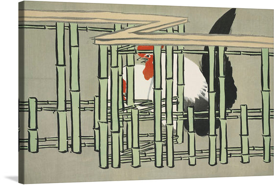 “Roosters from Momoyogusa–Flowers of a Hundred Generations” by Kamisaka Sekka is an exquisite print that captures the serene elegance and timeless beauty of nature. The artwork features a majestic rooster gracefully nestled amidst intricately designed bamboo shoots. 