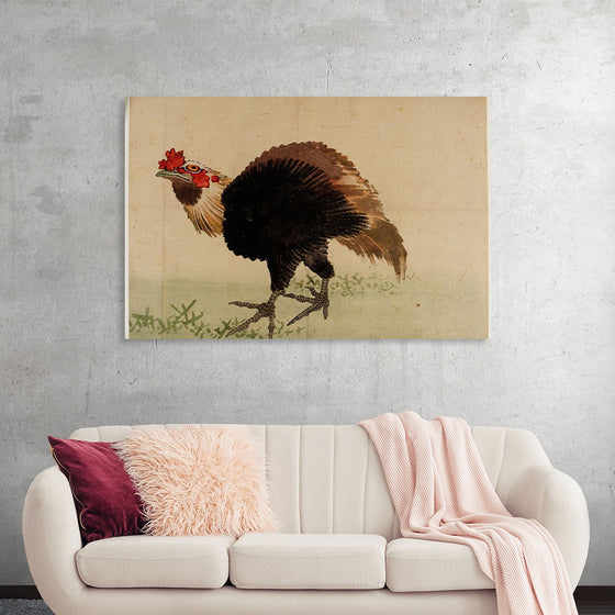 “Rooster” by Katsushika Hokusai is a stunning artwork that captures the essence of a rooster in mid-stride, showcasing Hokusai’s mastery in portraying movement and emotion. The detailed brushwork, combined with a harmonious blend of earthy tones and vibrant reds, brings this artwork to life.