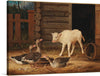 This charming print features the artwork “The Surprise” by Ferdinand von Wright, a renowned painter known for his detailed depictions of nature. The scene captures a tranquil moment on a farm, where a group of geese and a gentle calf coexist peacefully in front of an old wooden barn. The meticulous detail in the animals’ feathers and fur, the weathered wood of the barn, and the soft lighting evoke a sense of nostalgia and connection to the earth. 