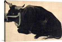  “Reclining Bull” by Mihata Joryu is a captivating artwork that captures the essence of the natural world with stunning realism. The image features a large, dark-toned bull that is reclining on its side. The bull is intricately detailed with visible fur texture and muscular build.
