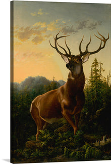  This is a photorealistic painting of a stag, its antlers majestic against the backdrop of a lush green forest. The stag is standing tall and proud, its gaze fixed directly at the viewer. The sunlight filters through the trees, casting dappled shadows on the stag’s fur.