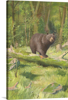  “Adirondack Black Bear” is a stunning artwork that captures the essence of the majestic and elusive black bear. The painting features a large black bear in its natural habitat, surrounded by lush greenery and tall trees. 