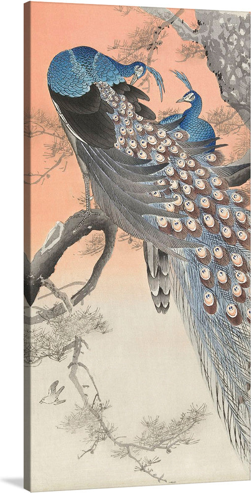 This exquisite artwork captures the ethereal beauty of two peacocks perched gracefully upon gnarled branches, enveloped in an atmosphere of serene elegance. The meticulous detailing of the peacocks’ iridescent feathers, each one a testament to the artist’s skill, dances in harmony with the delicate blossoms and leaves that surround them. Set against a backdrop that transitions seamlessly from a warm, golden hue to a tranquil grey, this piece evokes a sense of timeless beauty and peaceful coexistence.