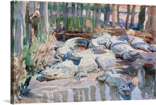  Immerse yourself in the serene yet wild beauty of this exquisite artwork, capturing a moment frozen in time where majestic alligators bask under the dappled light of a secluded swamp. Every brushstroke brings to life the intricate details of their scales and the tranquil waters, evoking a sense of awe and respect for these ancient creatures. 