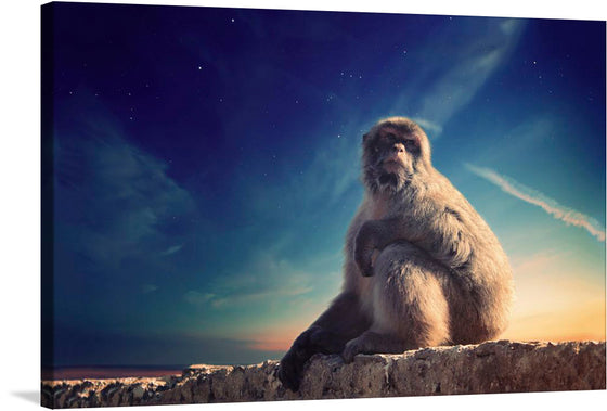 This captivating print features a majestic baboon set against a vivid blue sky. The intense gaze of the baboon draws you in, while the contrast of earthy tones against the sky creates a striking composition. 