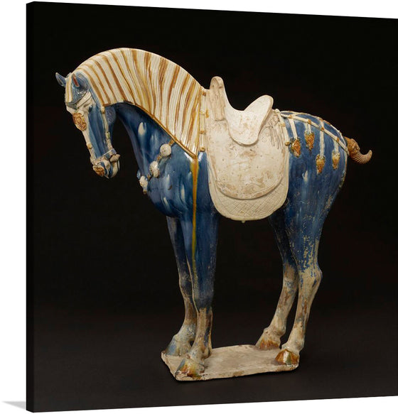 The horse has a long, flowing mane and a clipped tail, capturing the essence of equine grace. The body is adorned with intricate trappings decorated in Sassanian style, showcasing the artisan’s skill.