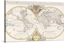  “Description generale du globe terrestre et aquatique en deux-plans-hemispheres” is a beautiful and detailed map of the world in two hemispheres. It was created by Alexis-Hubert Jaillot and Nicolas Sanson, two of the most important French cartographers of the 17th century.