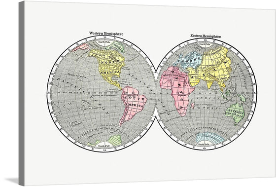 Sidney Edwards Morse’s “World Map Western and Eastern Hemisphere” is a captivating fusion of artistry and geography. In this meticulously crafted masterpiece, two circular maps—representing the Western and Eastern Hemispheres—come alive. Vibrant continents, each adorned in distinct hues, leap from the aged parchment backdrop.