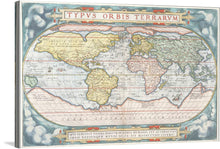  Immerse yourself in the intricate details and rich history encapsulated in this stunning print of an antique world map titled “Typus Orbis Terrarum”. This artwork invites you on a journey through time, where every continent, country, and ocean is depicted with exquisite craftsmanship. The map’s elegant design, adorned with ornate lettering and a vibrant color palette, makes it a captivating addition to any space. 