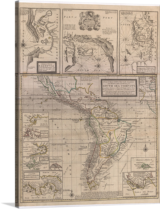 Embark on a historical voyage with "A New & Exact MAP of the Coast, Countries and Islands within ye LIMITS of ye SOUTH SEA COMPANY," now available as a captivating print. The map initially published in 1711 to illustrate a pamphlet: A View of the Coasts, Countries, Islands within the Limits of the South Sea Company. The South Sea Company was a British stock venture contributing to the financial bubble of 1720.