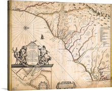  Experience the beauty of the Carolinas with Joel Gascoyne’s “Country of Carolina”. This beautiful map from the early 18th century showcases the coastlines, rivers, and settlements of the Carolinas in a highly detailed and accurate manner. 