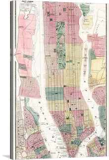  Step into a world of historical elegance with this intricate map artwork, capturing the detailed layout of a New York City from a bygone era. Each street and block is meticulously illustrated, offering viewers an intimate journey through time. The diverse palette of soft pastels adds an artistic touch to the technical precision inherent in cartography. 