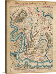  Immerse yourself in the rich tapestry of history with this captivating print of the “Map of the Night March.” This meticulously detailed reproduction of a hand-drawn map from July 1863 offers a unique blend of artistry and historical significance. The vivid colors and intricate details capture the complex terrain and pathways of a significant moment in history, making it not just a piece of art, but a conversation starter.