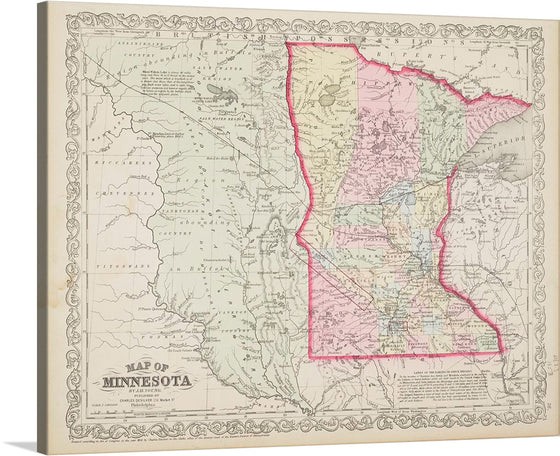 This print is a captivating reproduction of an antique map of Minnesota, a testament to the artistry and craftsmanship of a bygone era. The vibrant pink border highlighting the state’s outline contrasts beautifully with the intricate topographical details, bringing the terrain to life. 