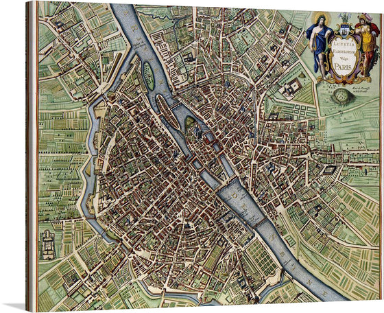 This vintage map print of Paris is a testament to the intricate beauty of the City of Lights. Every street, park, and waterway is rendered with exquisite detail, inviting you to explore the city from the comfort of your own home. The artwork is adorned with a majestic coat of arms, adding a regal touch that elevates this piece from a simple map to a work of art. The color palette consists mainly of earthy tones with green parks and blue waterways creating contrast.