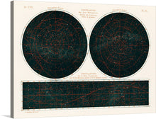  Experience the beauty of the night sky with Guillemin, Amédée’s “Constellations of the Two Hemispheres(1877)”. This print showcases the constellations of the Northern and Southern Hemispheres, making it perfect for anyone who loves astronomy or is interested in the history of science. The print is divided into three sections, two circular sections on top and a rectangular section on the bottom. 