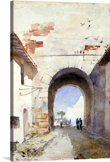   The artwork titled “Porta San Paolo, Rome” by Cass Gilbert is a beautiful watercolor painting created in 1880. The painting depicts an ancient arched gateway that appears weathered with exposed bricks. There are people walking through the archway which leads to an open space bathed in light. To the left side of the archway is part of a building with similar aged characteristics as the arch.