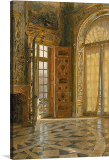  Step into a world of opulence and grandeur with this exquisite art print, capturing a moment frozen in the corridors of time. The artwork, rich in detail and texture, unveils an ornate interior, where every element - from the intricate floor pattern to the majestic wooden door adorned with intricate designs - tells a story of craftsmanship and elegance. The play of light filtering through the window breathes life into this static scene, inviting viewers to wander and lose themselves in its timeless beauty. 