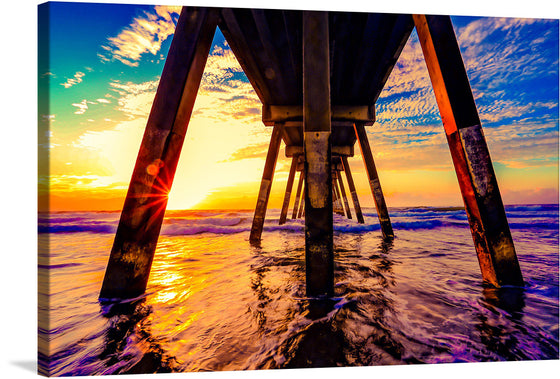 Immerse yourself in the serene beauty of a golden sunset with this exquisite print. The artwork captures a tranquil moment beneath a sturdy pier, where the harmonious dance of light and shadows unveils nature’s masterpiece. Waves gently kiss the shores, reflecting the sun’s radiant hues of amber and sapphire. This piece promises to infuse any space with warmth, tranquility, and the enchanting allure of an oceanic paradise. 