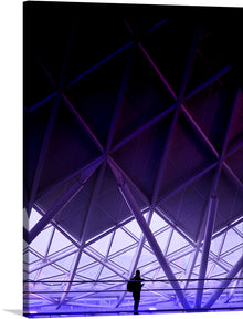  Dive into the enigmatic allure of this mesmerizing artwork, a print that encapsulates the dance between human innovation and the ethereal beauty of natural light. A solitary figure stands amidst an architectural marvel, where geometric lines converge to create a symphony of structure and space. Bathed in an otherworldly purple glow, every angle and shadow invites you on a journey of introspection and wonder. 