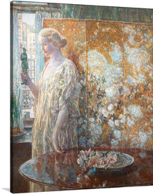 Immerse yourself in the enchanting world of “Tanagra” by Frederick Childe Hassam, a masterpiece that encapsulates the harmonious blend of indoor elegance and outdoor vibrancy. Every print captures the intricate details of this artwork, from the delicate folds of the drapery to the radiant cityscape that peeks through a window. The figure, adorned in an ethereal gown, holds a small statue, embodying grace and sophistication.