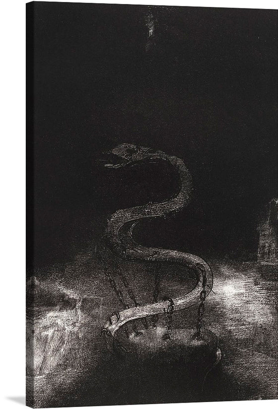 Odilon Redon’s “And Bound Him a Thousand Years” is a lithographic print that is part of a series of 11 lithographic portfolios, which relate to the Book of Revelation from the Christian Bible. The artwork depicts an angel binding the devil with a chain and locking him up for a thousand years. 