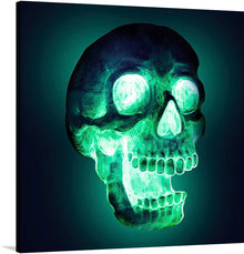  This captivating print, titled “Mystical Luminescence,” immerses you in the enigmatic allure of a hauntingly beautiful depiction of a skull. Illuminated in an ethereal green glow, every intricate detail, from the hollow eyes to the pronounced jawline, is accentuated, evoking a sense of mystery and awe. 