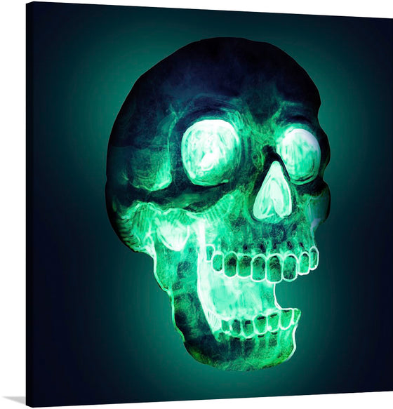 This captivating print, titled “Mystical Luminescence,” immerses you in the enigmatic allure of a hauntingly beautiful depiction of a skull. Illuminated in an ethereal green glow, every intricate detail, from the hollow eyes to the pronounced jawline, is accentuated, evoking a sense of mystery and awe. 