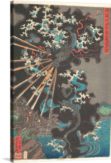  Immerse yourself in the mesmerizing dance of light and shadow with this exquisite print of a traditional Japanese artwork. Every stroke, every hue, is a testament to an artist’s journey through the enigmatic dance of night and day. The dark, yet vibrant tones encapsulate an ethereal moment where light pierces through darkness, illuminating the intricate waves and mystical figures that reside within. 