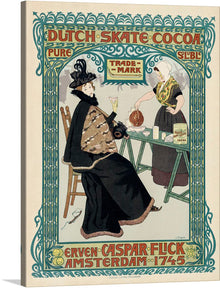  “Dutch skate cocoa” is a vintage advertisement poster for Dutch Skate Cocoa. The poster is predominantly beige in color with a green border. The border is ornate and has the words “Dutch Skate Cocoa” and “Pure” written on it. The poster features a woman in a black dress and hat with a fur stole, holding a cup of cocoa. 