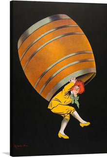  The poster features a whimsical design of a diminutive figure carrying an oversized keg of cognac.