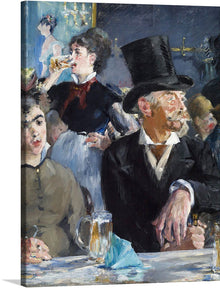  Step into a bygone era with this classic painting print, capturing an elegant social scene from what appears to be the 19th or early 20th century. The artwork features a lively gathering of individuals at a high-society function. One figure, dressed in formal attire complete with a top hat, stands out, adding to the historical context of the scene. 
