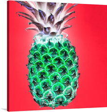  This captivating print of a vibrant pineapple is a delightful addition to any space. Against a bold red backdrop, the pineapple’s luscious green and blue hues pop, creating an eye-catching focal point. 