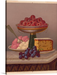  This beautiful print of a still life painting by the artist C. P. Ream is a perfect addition to any art collection. The painting features a variety of desserts, including a cake, a bowl of raspberries, and a bunch of grapes, all arranged on a table.