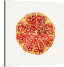  Immerse yourself in the vibrant and intricate beauty of this exquisite art print. The artwork captures the mesmerizing details of a sliced pomegranate. Each seed, rich with color and texture, is rendered with meticulous precision, inviting viewers into a world where nature’s simplicity meets artistic elegance. The warm hues of red and gold are accentuated by delicate shading, offering a visual feast that enriches any space with an aura of sophistication and natural beauty. 