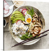 This print is a stunning photograph of a bowl of rice, avocado, shrimp, mushrooms, and hard-boiled eggs. The rice is white and fluffy, topped with a variety of colorful and flavorful ingredients. The avocado is green and creamy, and it is sliced into thick wedges. The shrimp are pink and plump, and they are cooked to perfection.