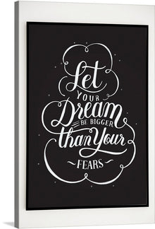  Illuminate your space with this captivating artwork, a print that serves not just as a visual delight but also a source of inspiration. “Let Your Dream Be Bigger Than Your Fears” is meticulously scripted in an elegant, flowing white typography against a stark black background, creating a striking contrast. 
