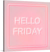 “Hello Friday” is a vibrant neon art print that brings a touch of modern elegance and a pop of color into your space. The soft pink hue of the glowing letters against a slightly darker pink background creates an inviting and warm atmosphere. 