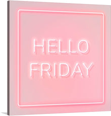  “Hello Friday” is a vibrant neon art print that brings a touch of modern elegance and a pop of color into your space. The soft pink hue of the glowing letters against a slightly darker pink background creates an inviting and warm atmosphere. 